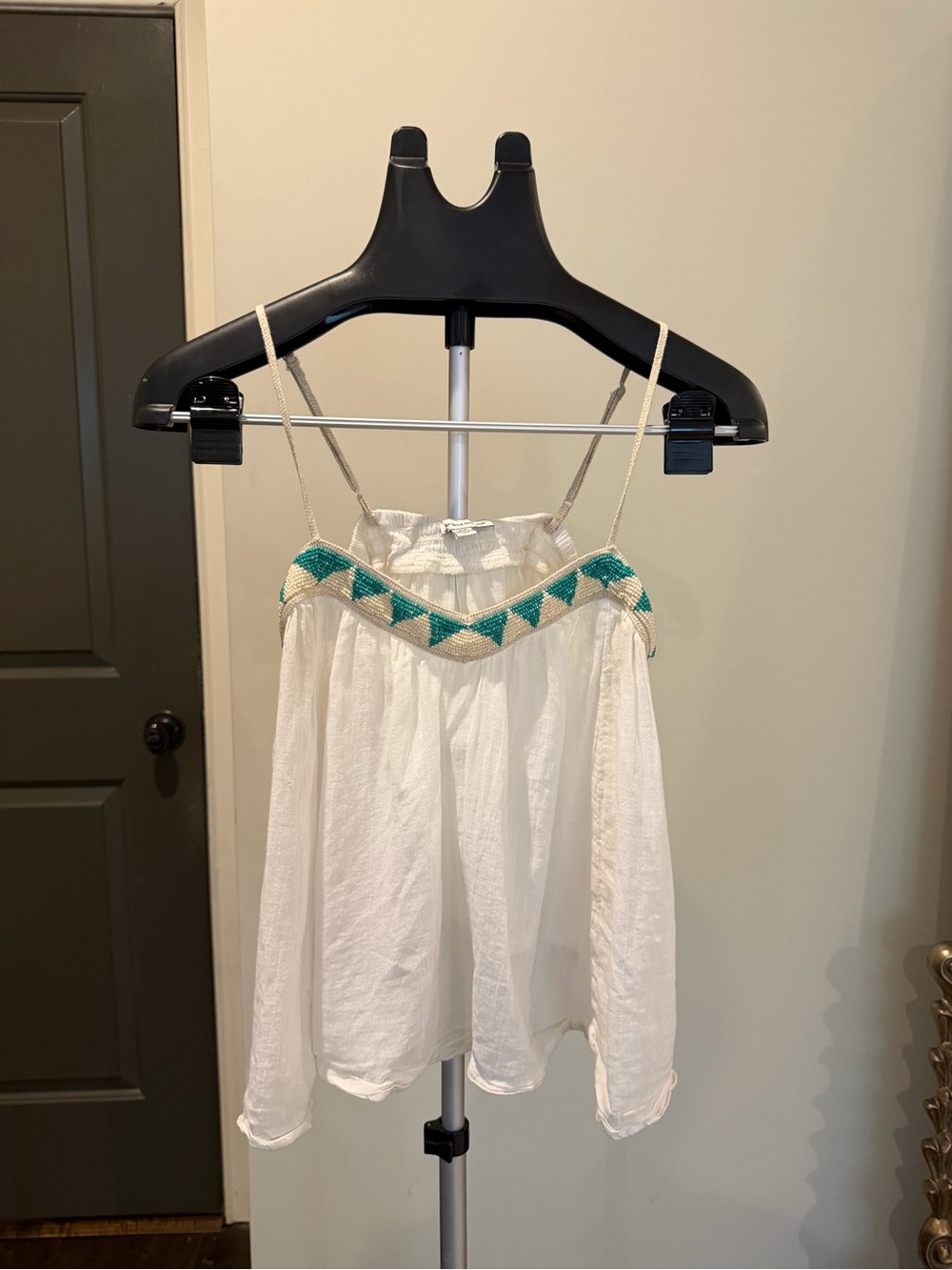 American Eagle Outfitters White Tank Top with Teal Beaded Trim Size S
